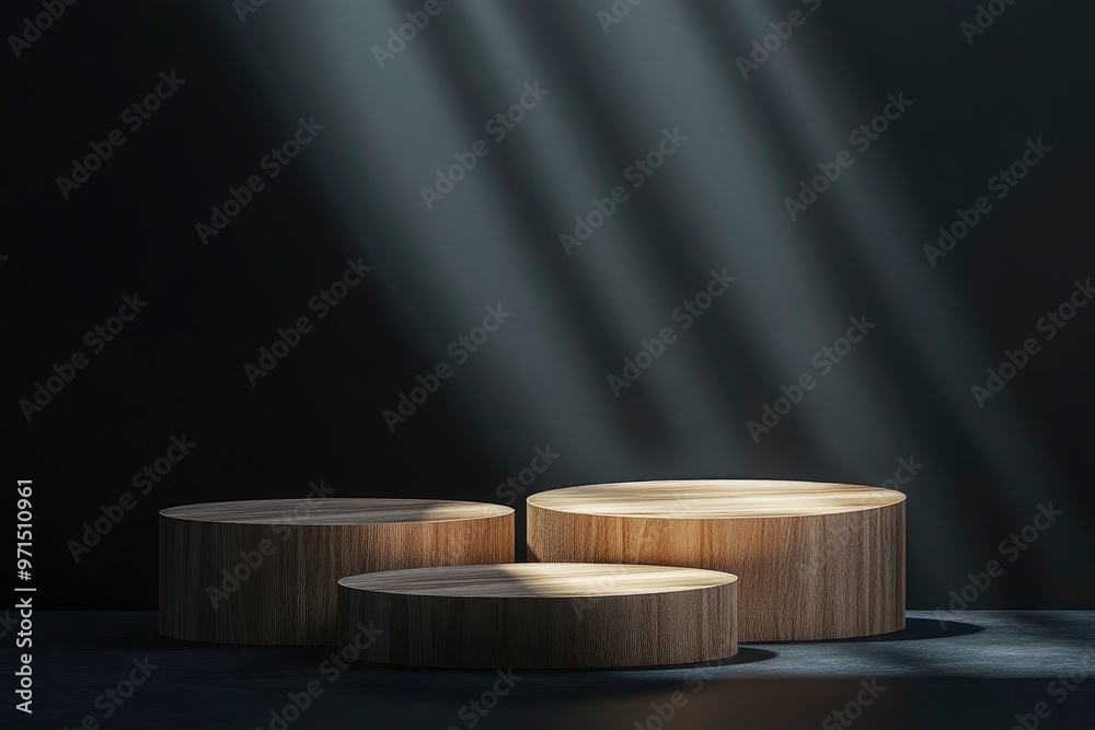 Wooden podium for product presentation in the dark room 3D renderingwih generative ai Wooden podium for product presentation in the dark room 3D renderingwih generative ai