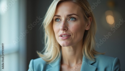 Poised Caucasian woman giving speech with blue eyes neat blonde hair light blue blazer