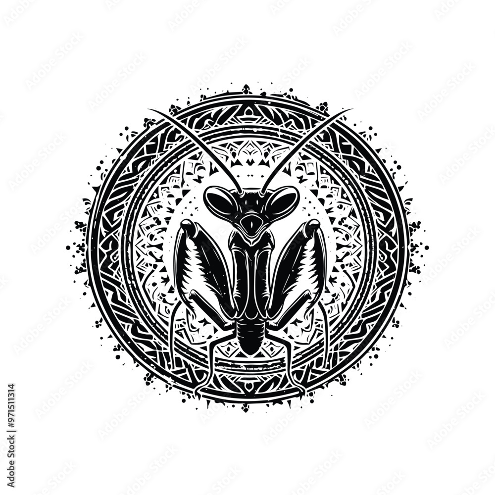 Fototapeta premium Mantis in bohemian black and white silhouette illustration