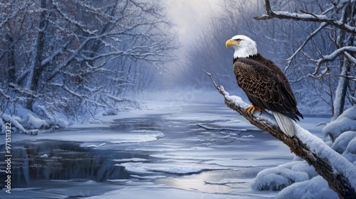 Majestic Bald Eagle Perched on a Branch Over a Frozen River in a Snowy Winter Forest photo