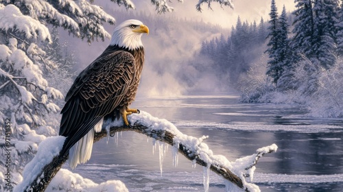 Bald Eagle Perched on a Snowy Branch Over a Frozen River photo