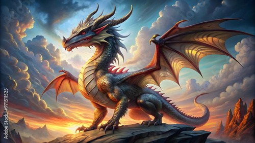 Powerful dragon with fiery eyes, perched atop a mountain