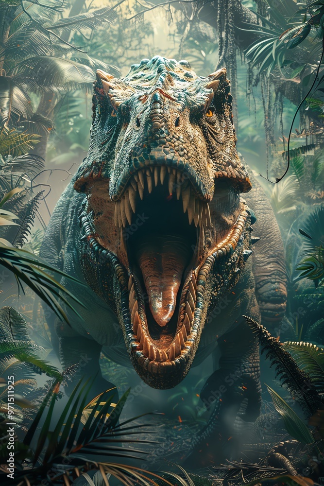 Fototapeta premium Roaring dinosaur in lush prehistoric jungle, vibrant scene