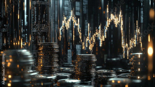 Stacks of reflective coins with a glowing financial graph in the background.