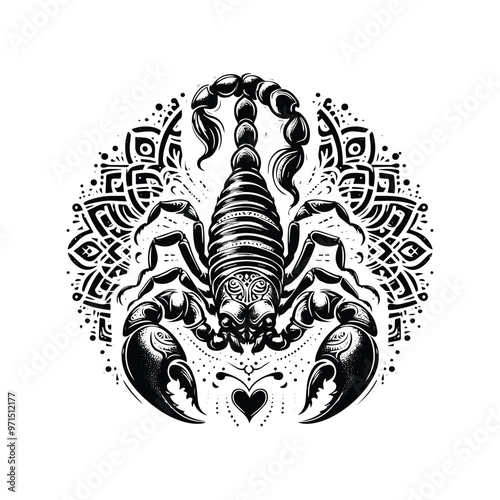 scorpion in bohemian black and white silhouette illustration