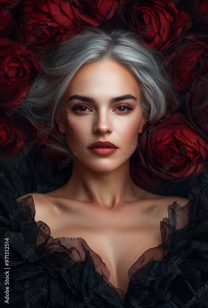 A woman in black attire, her grey hair framing her face, stands before a portrait of another gray-haired woman Surrounded by red roses A woman in black attire, her grey hair framing her face, stands before a portrait of another gray-haired woman Surrounded by red roses