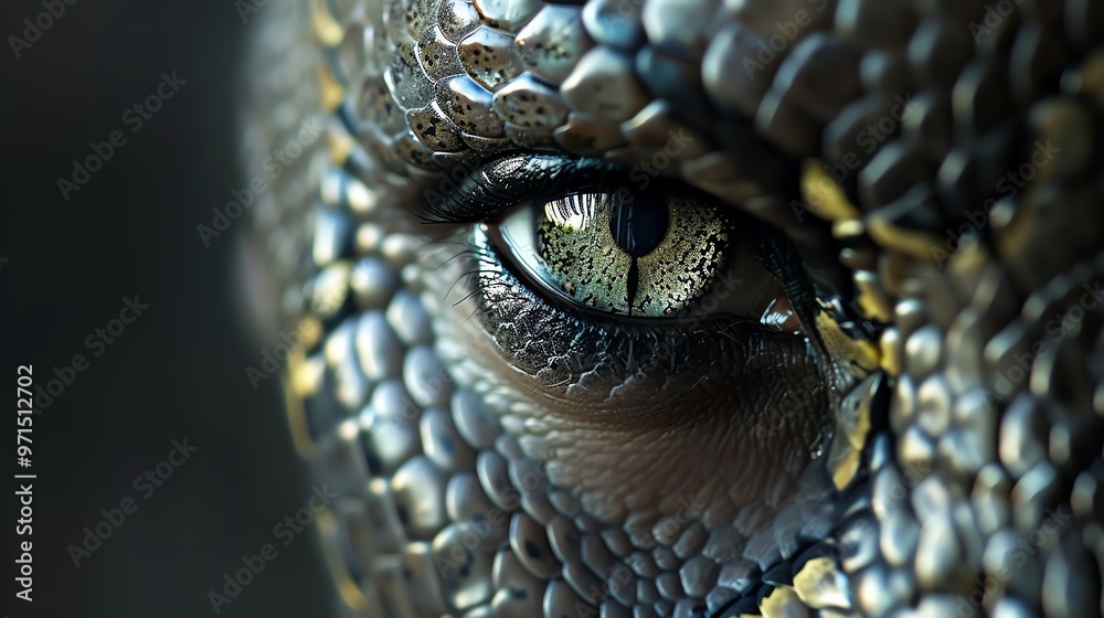 Fototapeta premium Woman with snakelike skin pattern, intense gaze, dark background