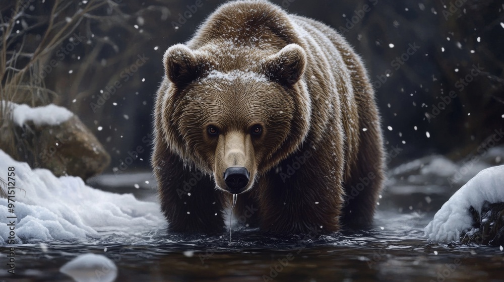 A Brown Bear Stands in a Snowy Creek A Brown Bear Stands in a Snowy Creek