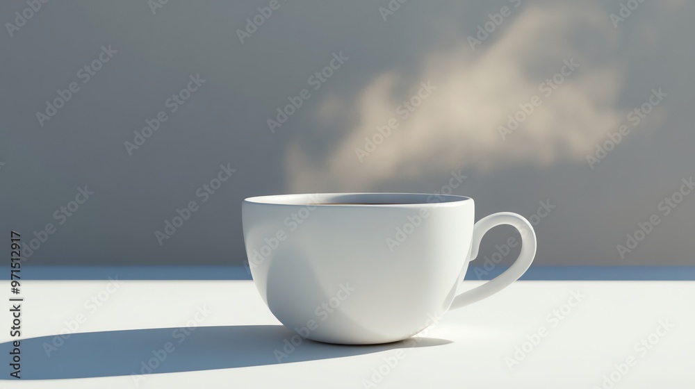 Fototapeta premium A white mug of coffee steaming on a table.