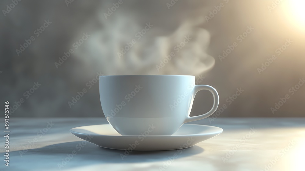 A steaming cup of coffee on a white saucer against a gray background. A steaming cup of coffee on a white saucer against a gray background.