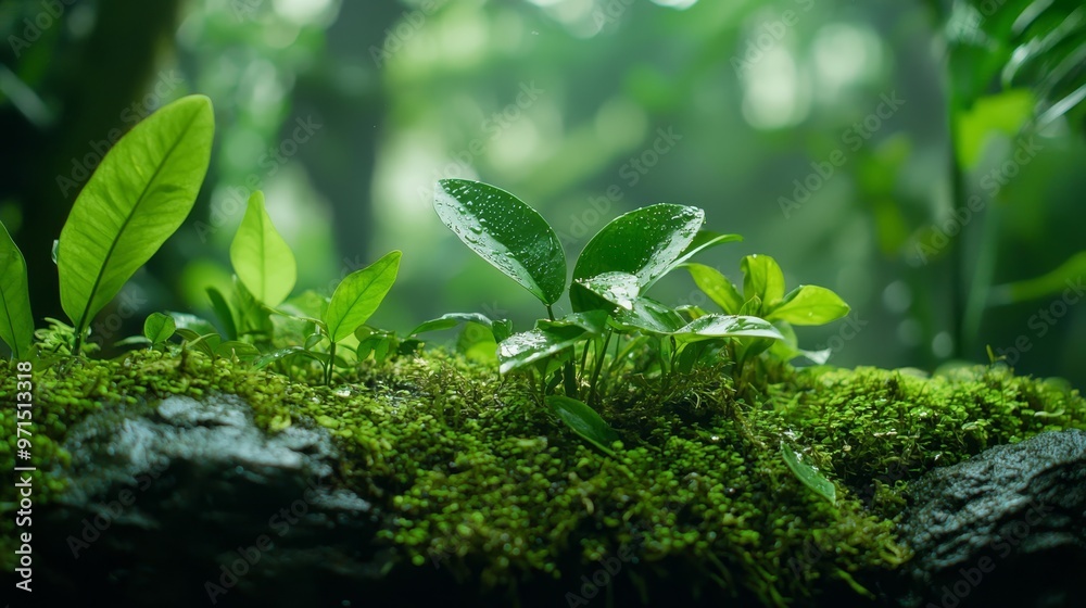  A tight shot of a plant's leaves against a mossy foreground in a forest, surrounded by towering trees in the backdrop