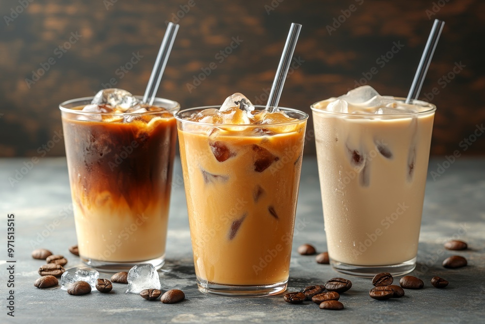 Trio of iced coffee drinks in clear cups, with distinct milk levels and straws, ice cubes adding texture Trio of iced coffee drinks in clear cups, with distinct milk levels and straws, ice cubes adding texture
