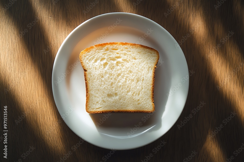 Slice of white bread sitting on a plate on a wooden table Slice of white bread sitting on a plate on a wooden table