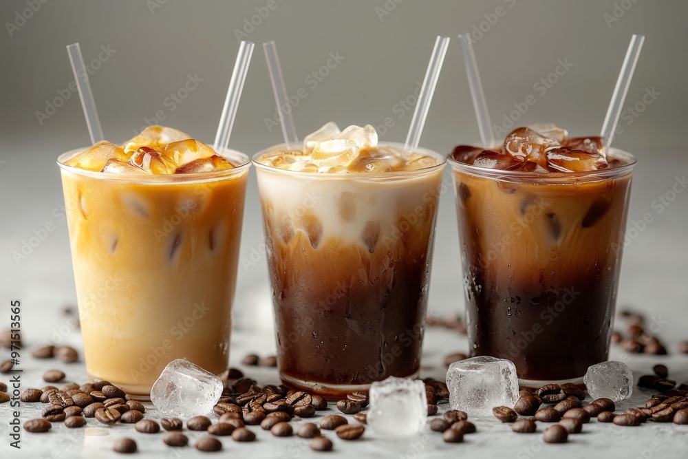 Trio of iced coffee drinks in clear cups, with distinct milk levels and straws, ice cubes adding texture
