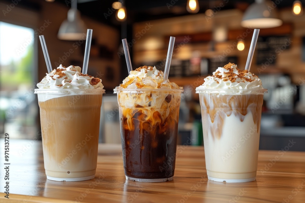 Trio of iced coffee drinks in clear cups, with distinct milk levels and straws, ice cubes adding texture Trio of iced coffee drinks in clear cups, with distinct milk levels and straws, ice cubes adding texture