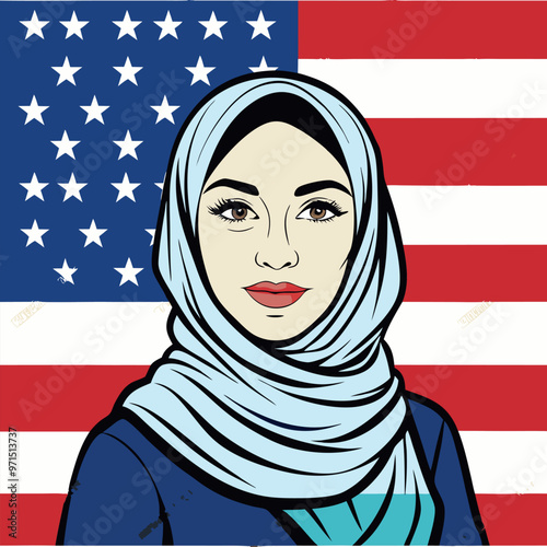 A woman in a hijab with the American flag in the background.