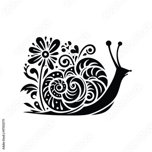 snail in folk art black and white silhouette illustration