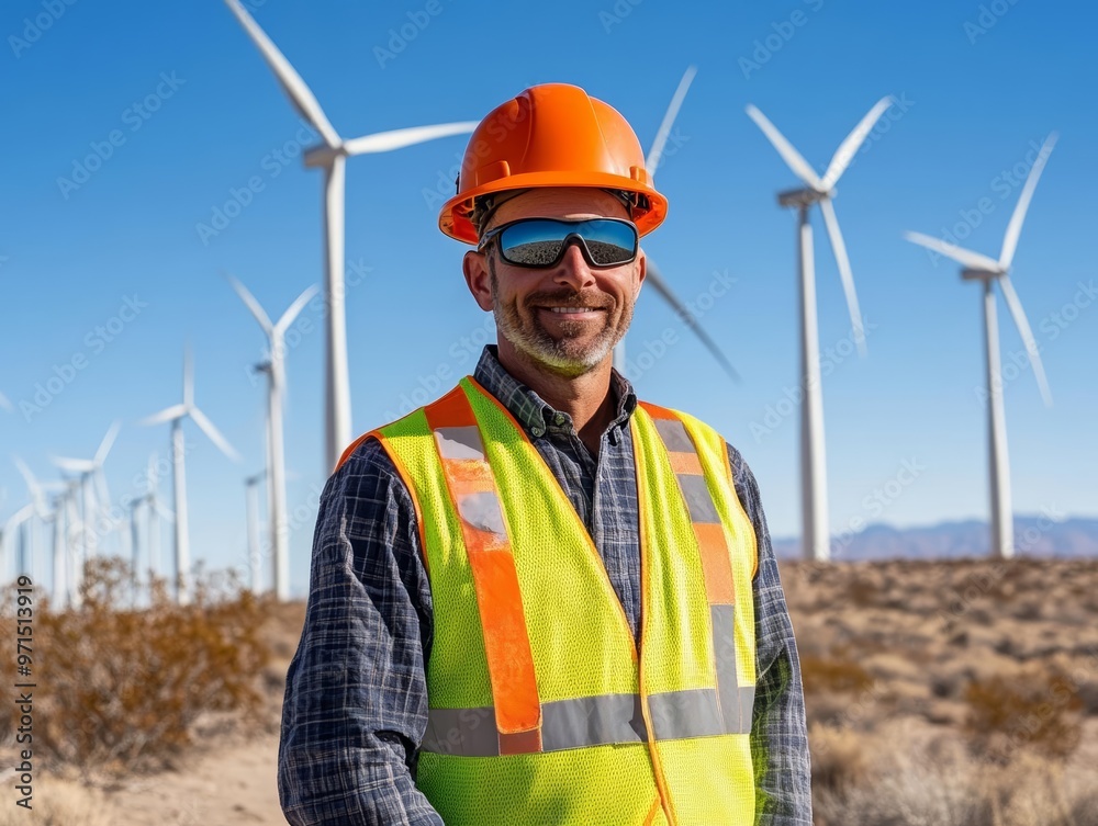 Engineer in neon vest, standing confidently with wind turbines behind, bright blue sky, clean energy vision with realistic photo and captured with Canon EOS 5D Mark IV, 125mm lens Engineer in neon vest, standing confidently with wind turbines behind, bright blue sky, clean energy vision with realistic photo and captured with Canon EOS 5D Mark IV, 125mm lens