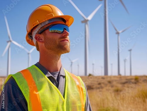 Engineer in neon vest, standing confidently with wind turbines behind, bright blue sky, clean energy vision with realistic photo and captured with Canon EOS 5D Mark IV, 125mm lens