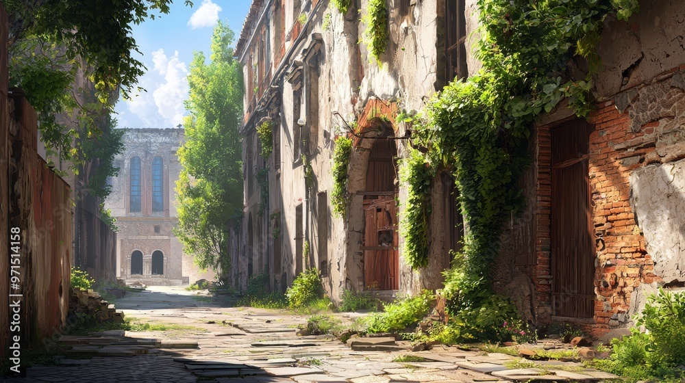 Fototapeta premium A painting of a cobblestoned street, ivy-covered buildings, and a clock tower in the backdrop