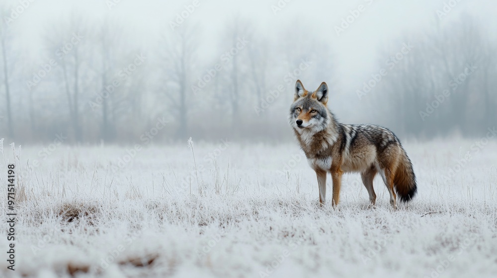 Obraz premium A Coyote Standing in a Snowy Field with a Foggy Background