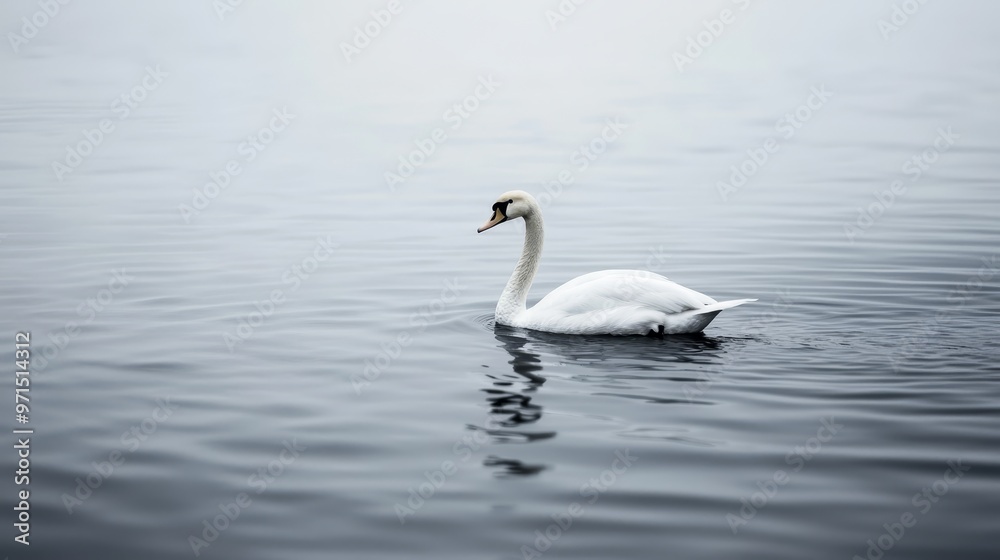 Fototapeta premium A white swan floats atop a blue-hued lake, near a lily-covered shore