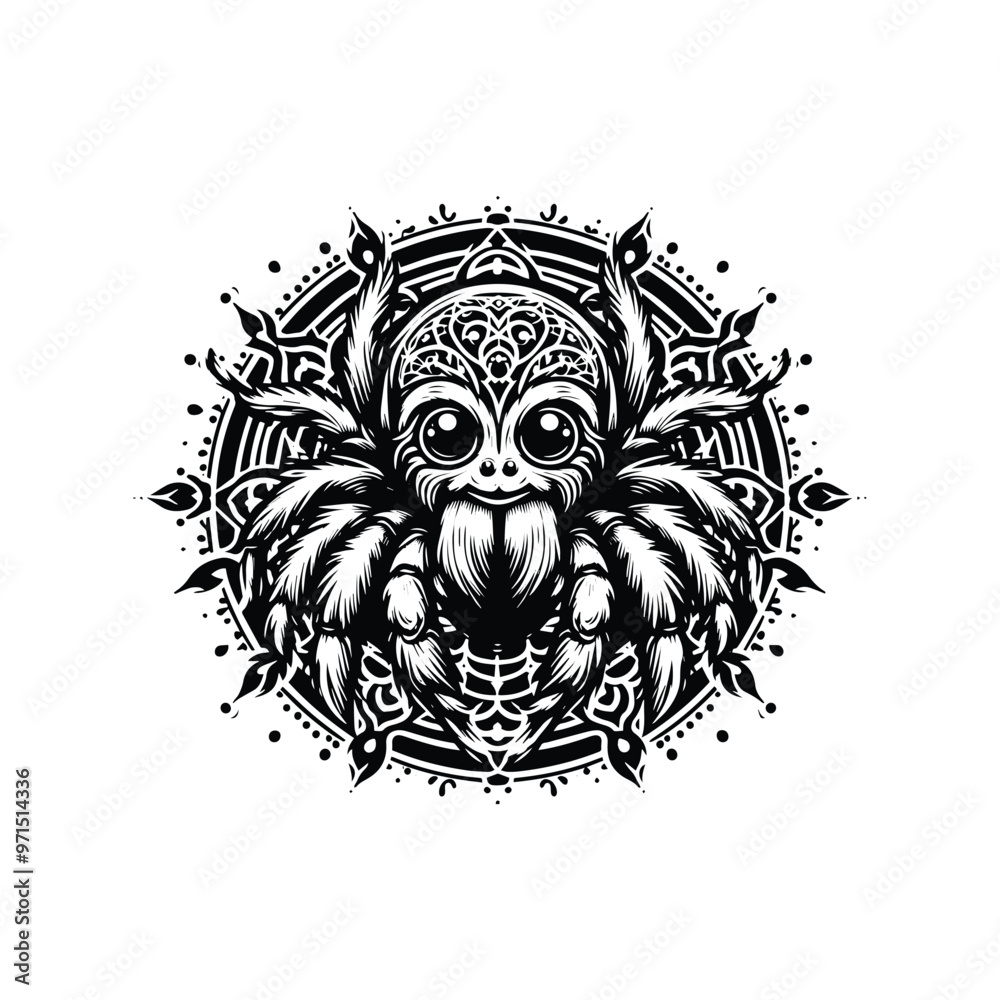 Naklejka premium Spider in bohemian black and white silhouette illustration