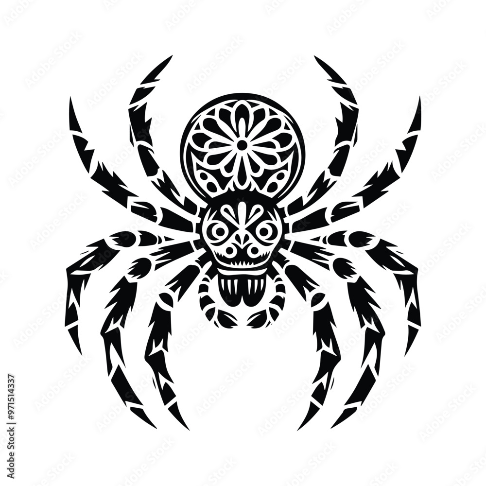 Spider in folk art black and white silhouette illustration Spider in folk art black and white silhouette illustration