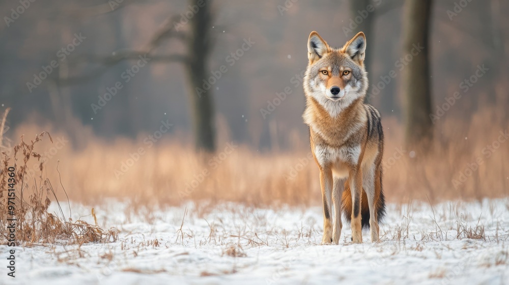 Fototapeta premium A Lone Coyote Standing in a Snowy Forest Clearing