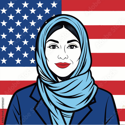 A woman in a hijab with the American flag in the background.
