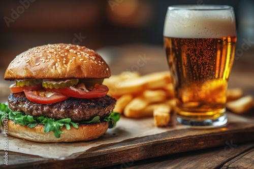 A beer and burger combo on a rustic wooden table, the perfect pub meal