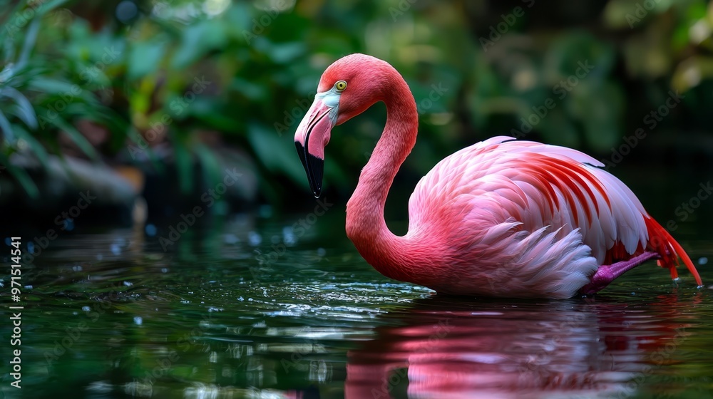 Fototapeta premium A pink flamingo wades in a body of water, bending its head to drink, mirrored in the tranquil surface