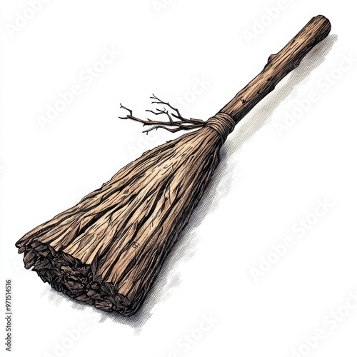 A witchs broom, magical item, handdrawn, rustic wood, isolated on white background photo