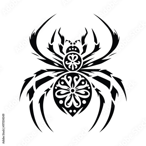 Spider in folk art black and white silhouette illustration