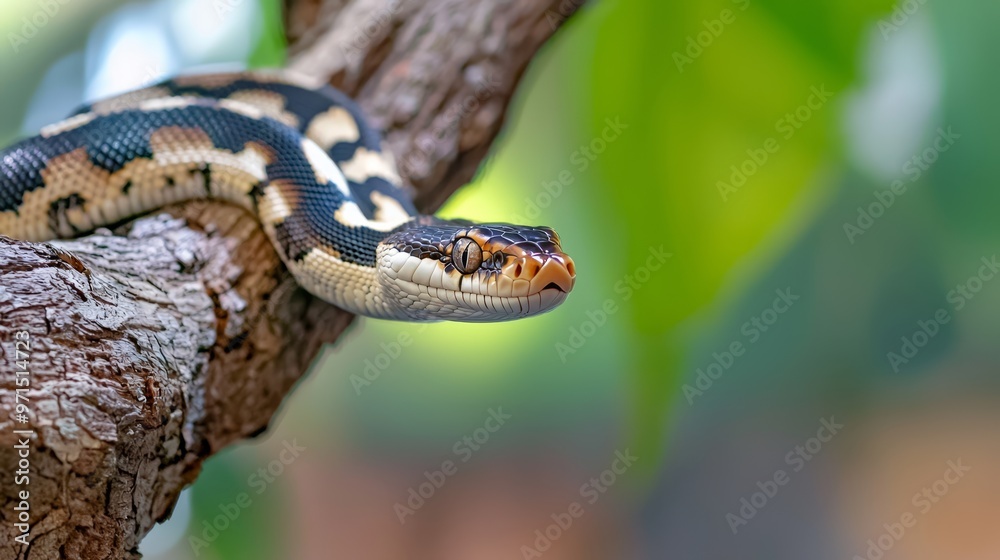 Fototapeta premium A tight shot of a snake coiled on a tree branch, surrounded by a hazy backdrop of leafy branches