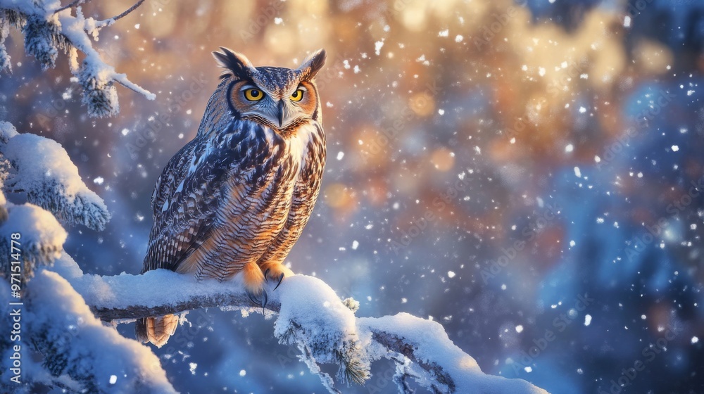 Great Horned Owl Perched on a Snowy Branch in Winter Great Horned Owl Perched on a Snowy Branch in Winter