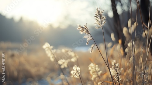  A field of tall grass under sun's glare, trees frame it, winding breeze stirs grass upfront photo