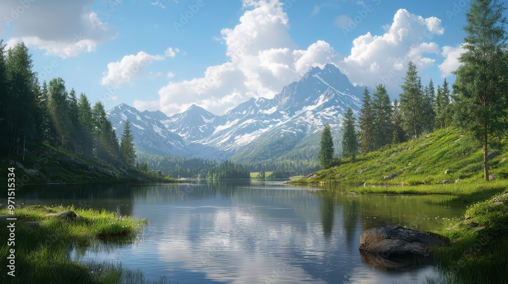 A forested landscape features a serene lake, surrounded by towering mountains in the distance, and scattered clouds gracefully painting the sky A forested landscape features a serene lake, surrounded by towering mountains in the distance, and scattered clouds gracefully painting the sky