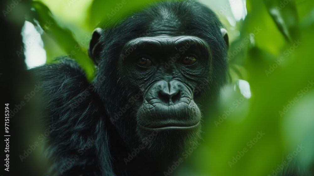 A tight shot of a monkey in a tree gazing at the camera with a grave expression A tight shot of a monkey in a tree gazing at the camera with a grave expression