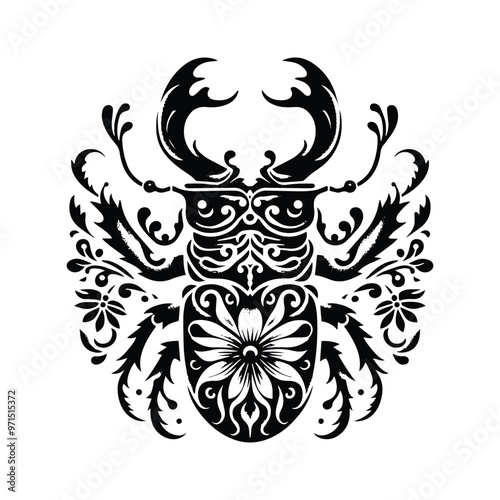 stag beetle in folk art black and white silhouette illustration