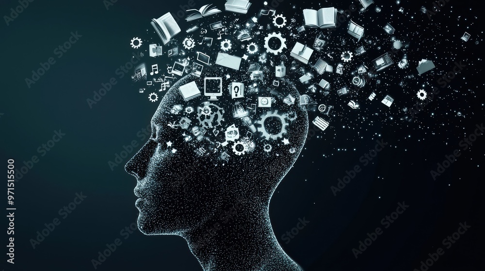 Fototapeta premium A head with an open top, from which gears, books, and digital icons are flying out and expanding into a cosmic pattern, continuous learning and upskilling