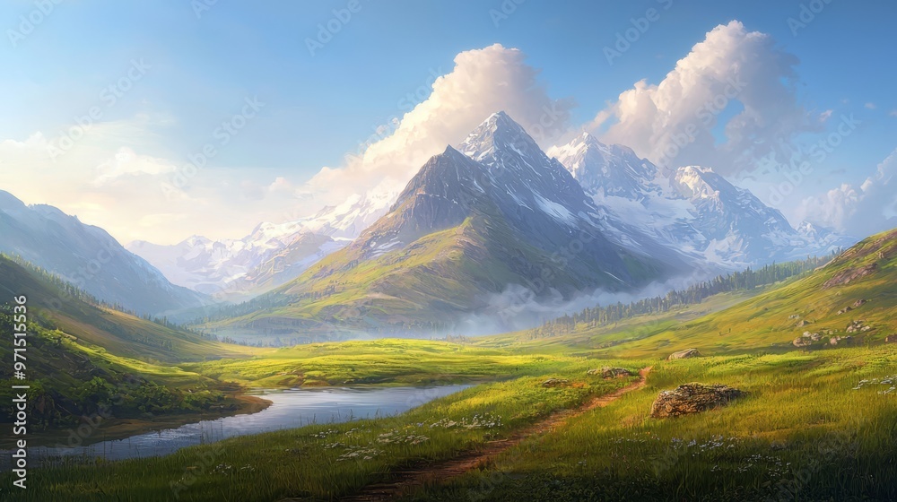 Fototapeta premium A painting of a mountain range with a lake in the foreground and clouds in the background