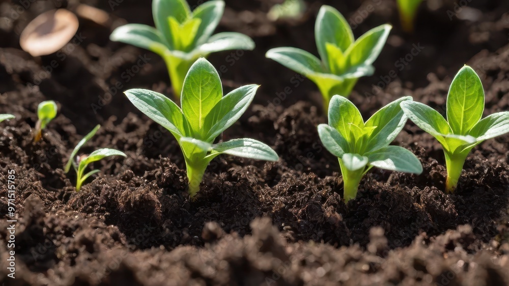 Young green plants sprouting from rich soil in a garden setting. Young green plants sprouting from rich soil in a garden setting.