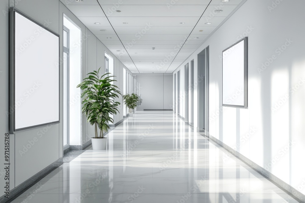 Fototapeta premium Contemporary Office Corridor with Modern Decor and Illuminated Posters