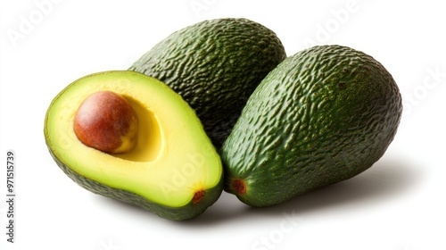 Three Avocados, One Sliced Open, Displayed on a White Background