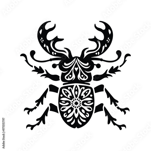 stag beetle in folk art black and white silhouette illustration