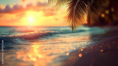 A serene beach scene at sunset with gentle waves and palm trees.