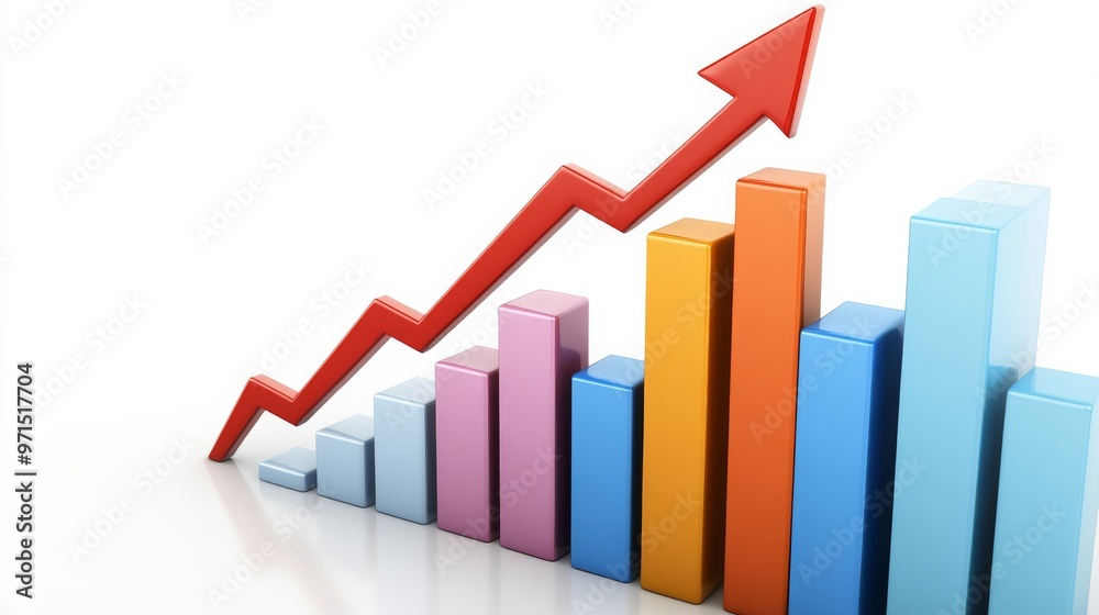 3D Red Arrow Rising Above Colorful Bar Graph, Success, Growth, Business 3D Red Arrow Rising Above Colorful Bar Graph, Success, Growth, Business