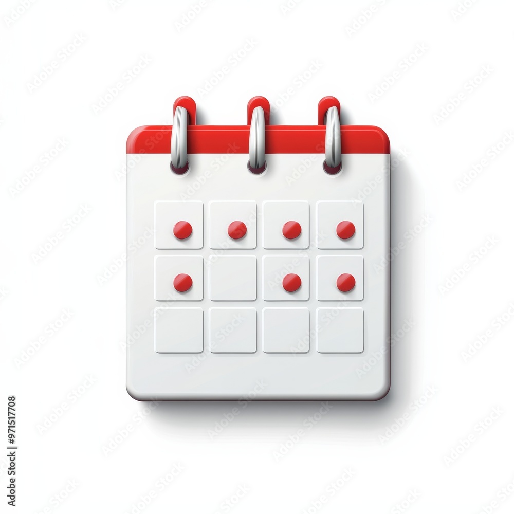 3D Render of a Red and White Calendar Icon, Calendar Icon, White Background, Red Dots, Schedule 3D Render of a Red and White Calendar Icon, Calendar Icon, White Background, Red Dots, Schedule