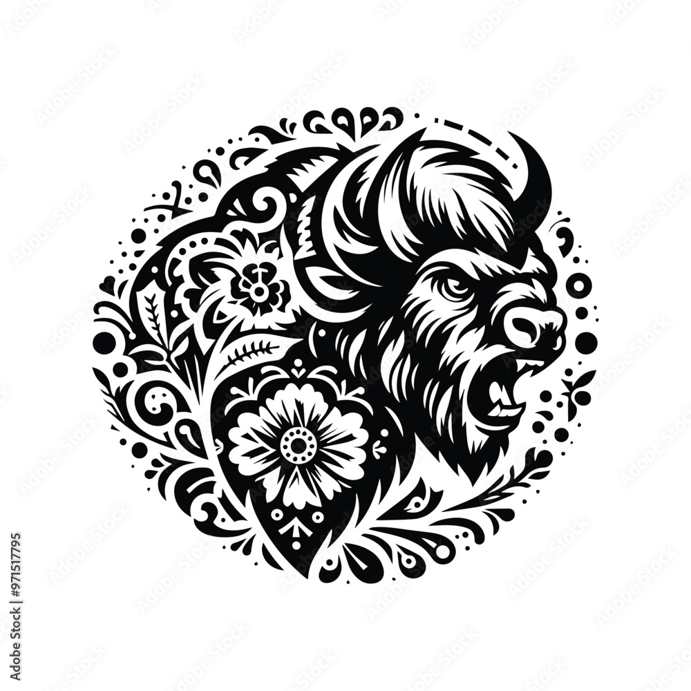 Bison in folk art black and white silhouette illustration Bison in folk art black and white silhouette illustration